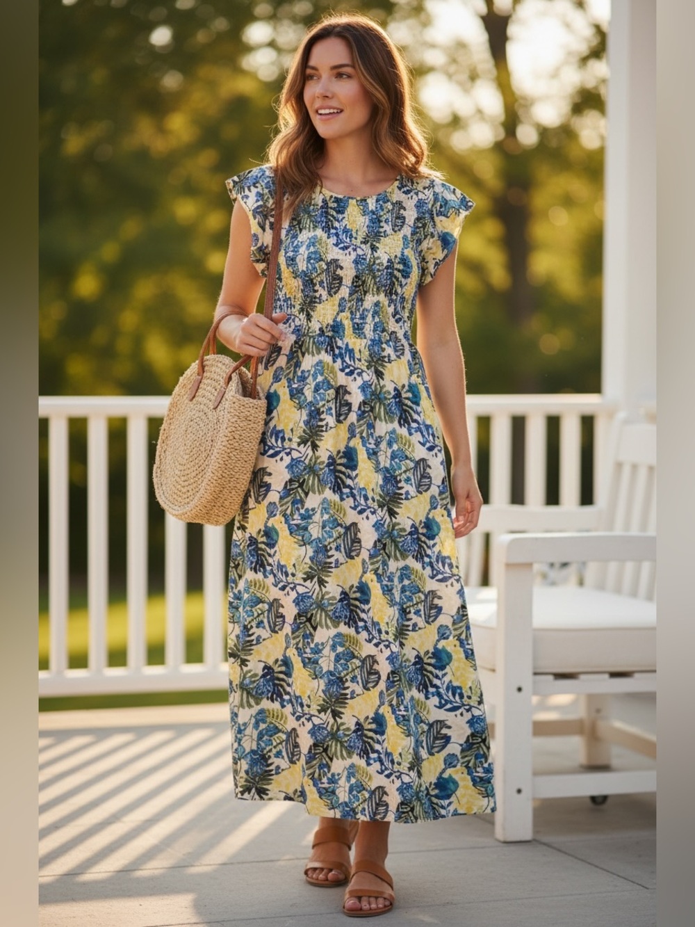 Nordstrom MELLODAY Blue and Green Floral Print Maxidress